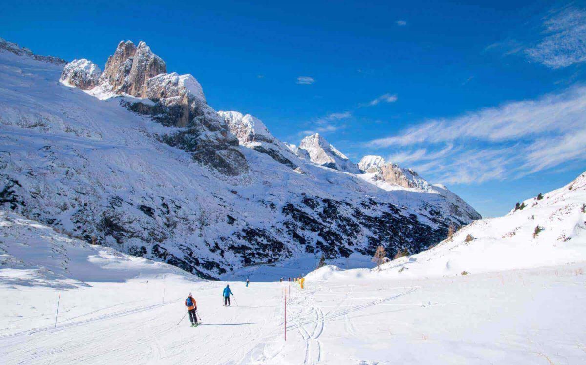 Ski slope under Marmolada Glacier, Ski Resort of Dolomites Mountain in Italy_Shutterstock-min